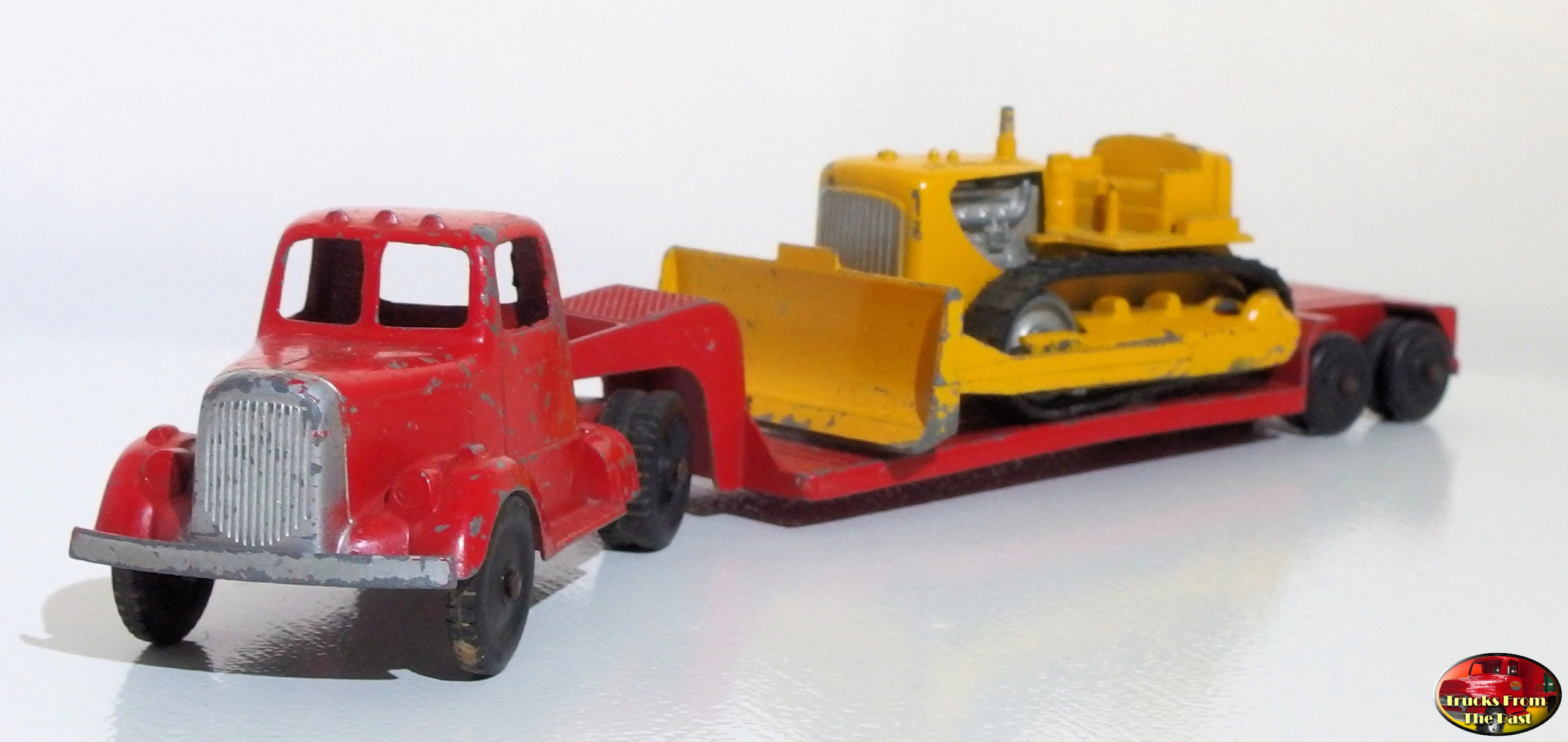Tootsie Toy Tractor w/ Lowboy Trailer & Caterpillar Diesel Bulldozer